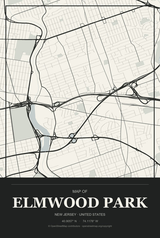 Elmwood Park, New Jersey City Map Aluminum Sign in Museum Plaque style