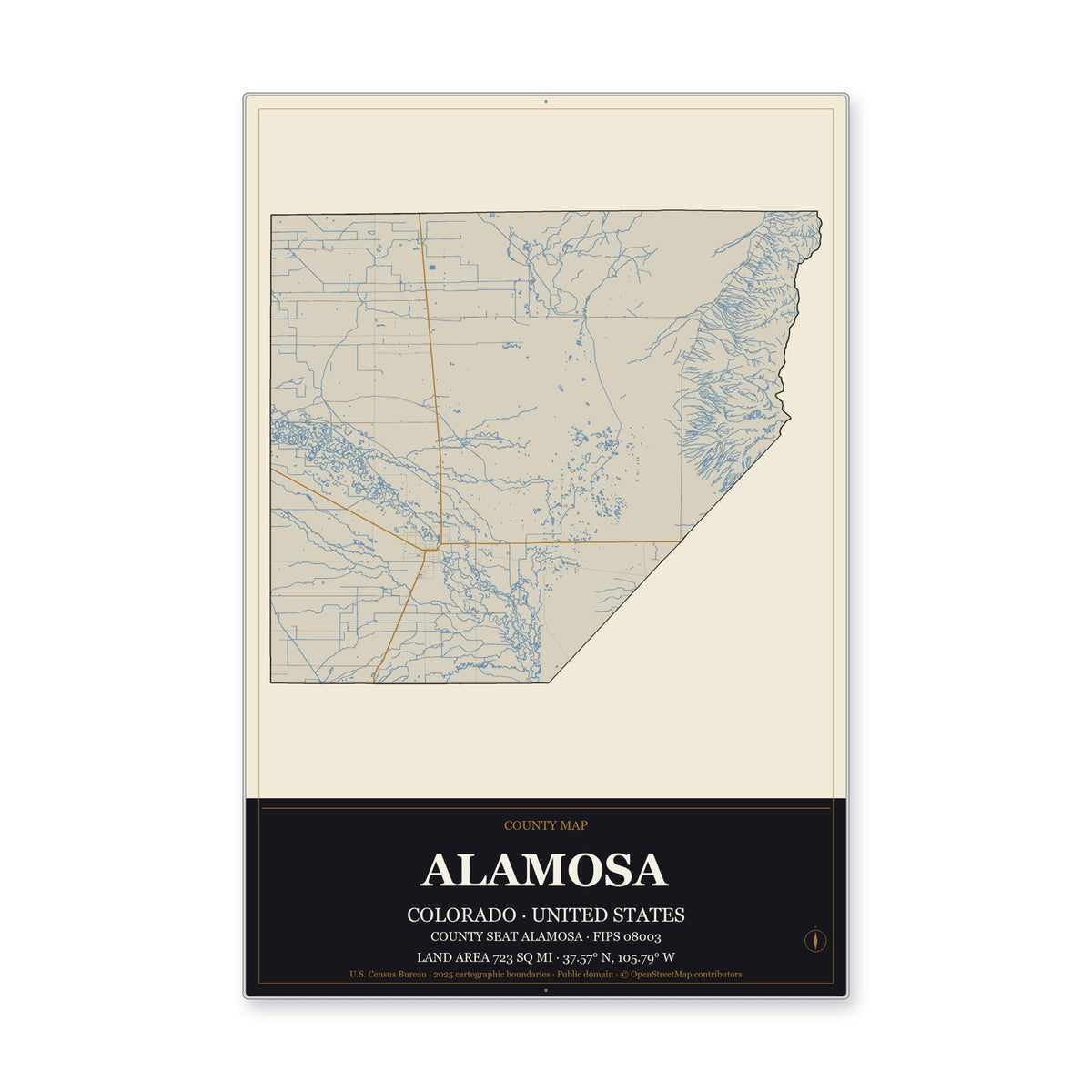 Alamosa County, Colorado Map Aluminum Sign in Museum Plaque style