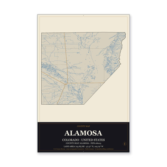Alamosa County, Colorado Map Aluminum Sign in Museum Plaque style