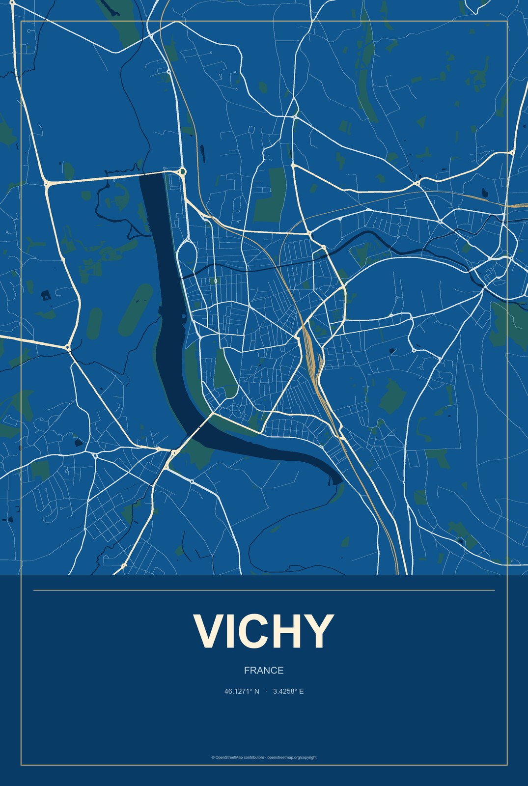 Vichy, France City Map Aluminum Sign in Harbor Cobalt style