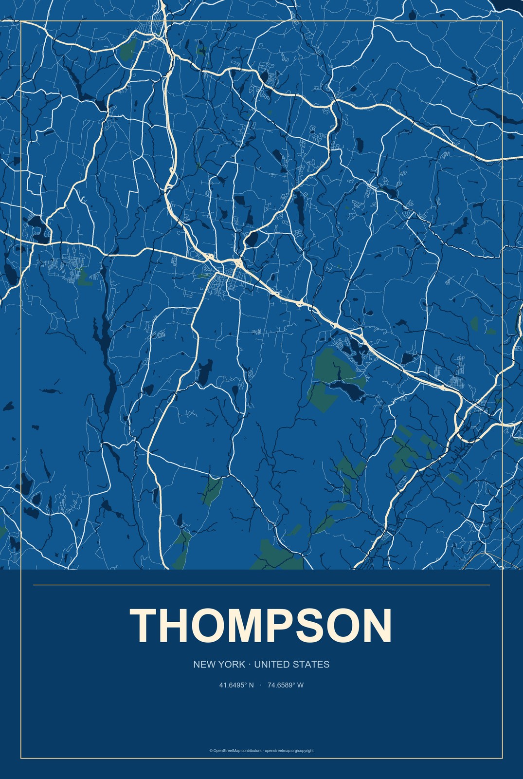 Thompson, New York City Map Aluminum Sign in Harbor Cobalt style