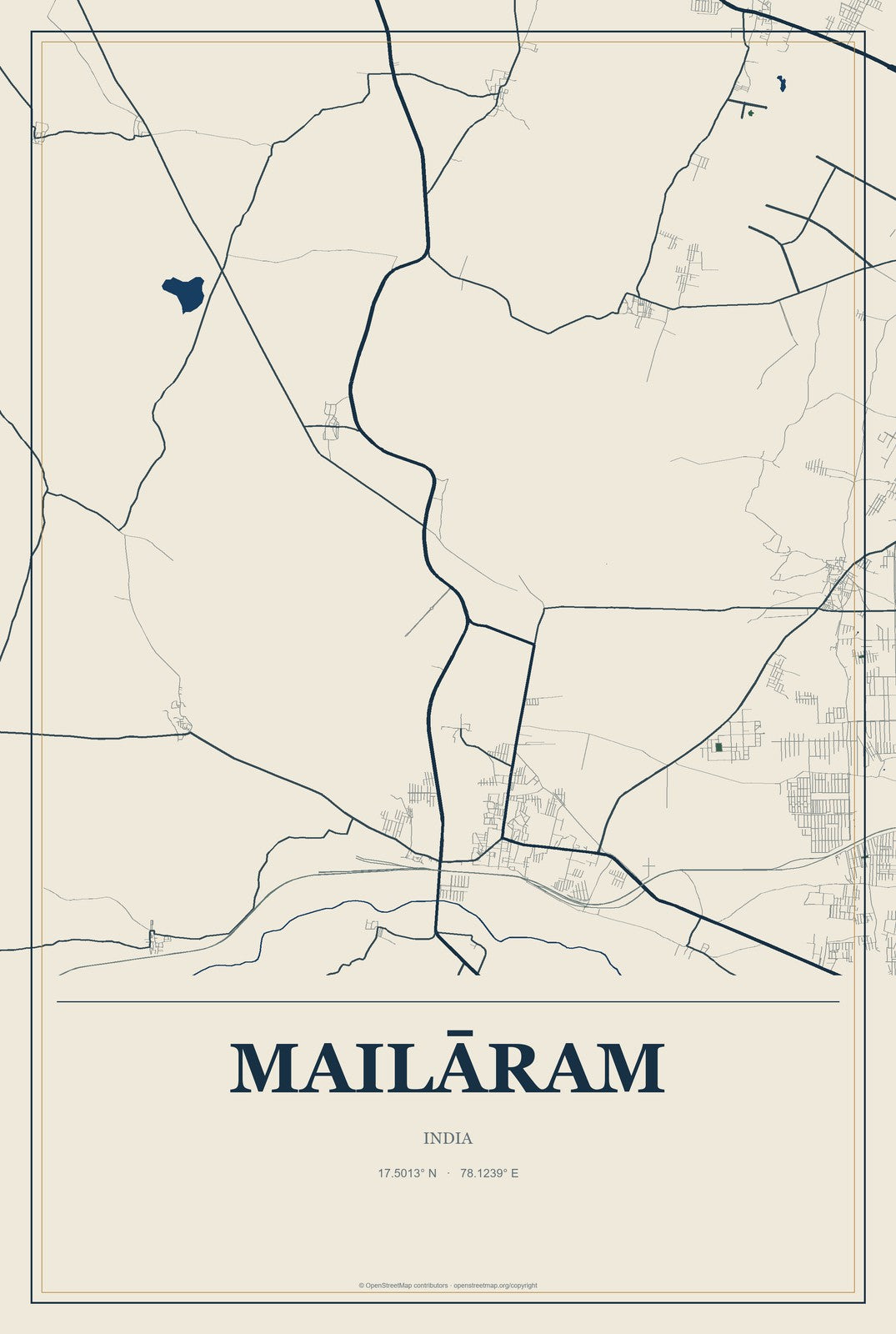 Mailāram, India City Map Aluminum Sign in Coastal Cutout style
