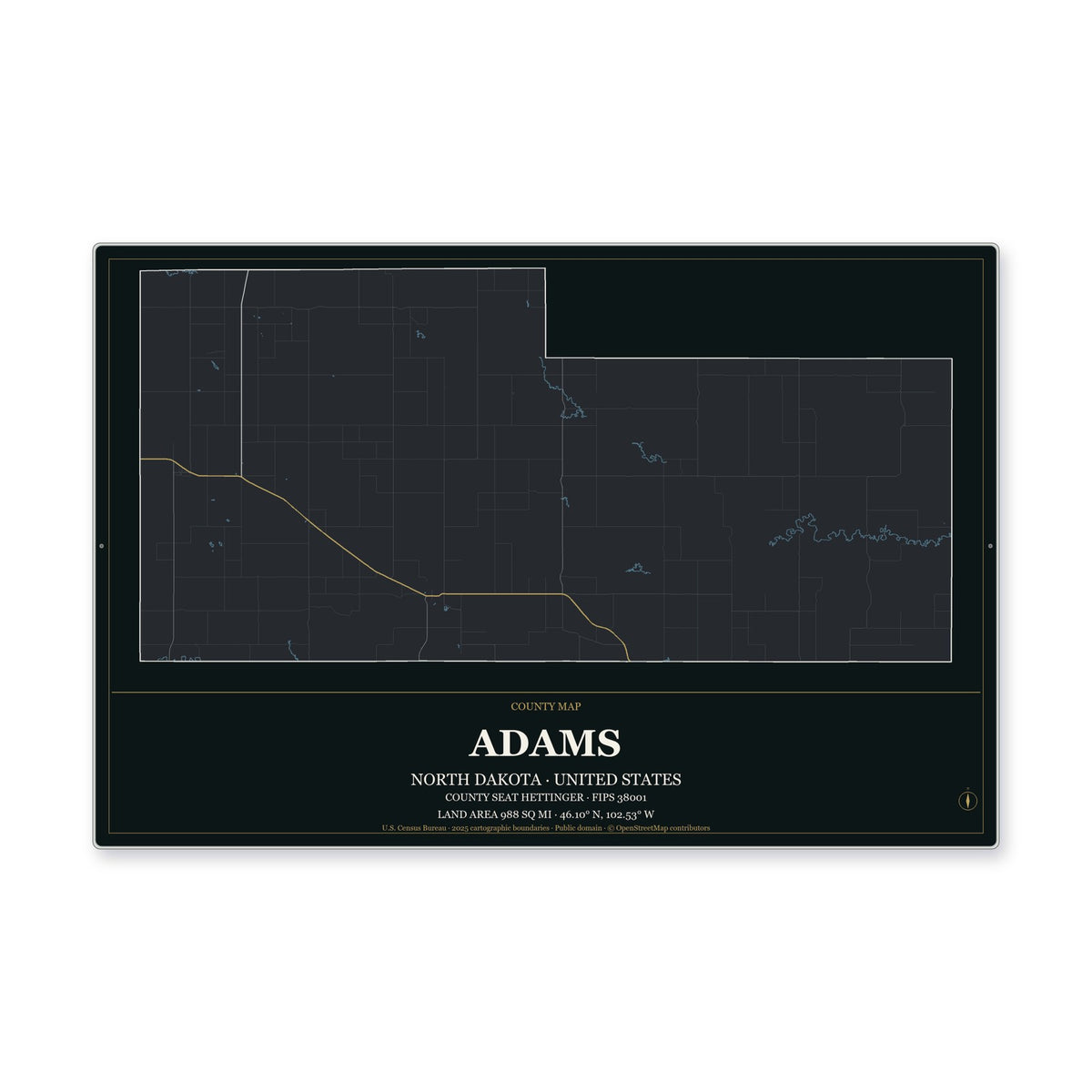 Adams County, North Dakota Map Aluminum Sign in Metropolitan Noir style
