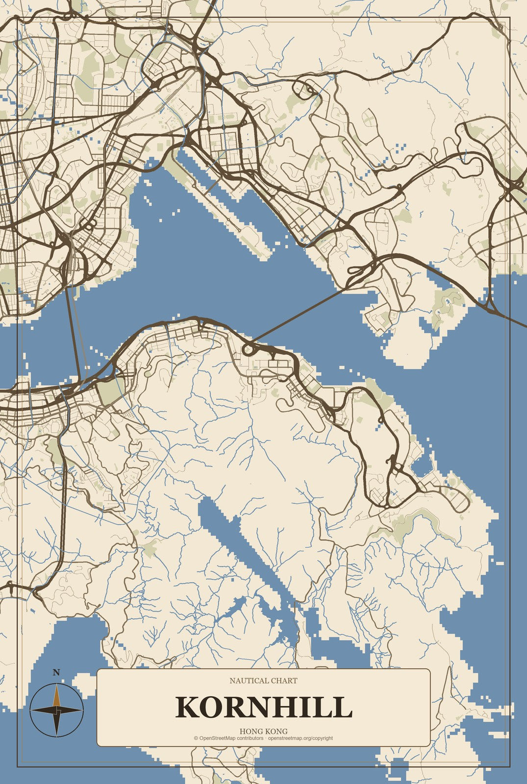 Kornhill, Hong Kong City Map Aluminum Sign in Heritage Nautical style