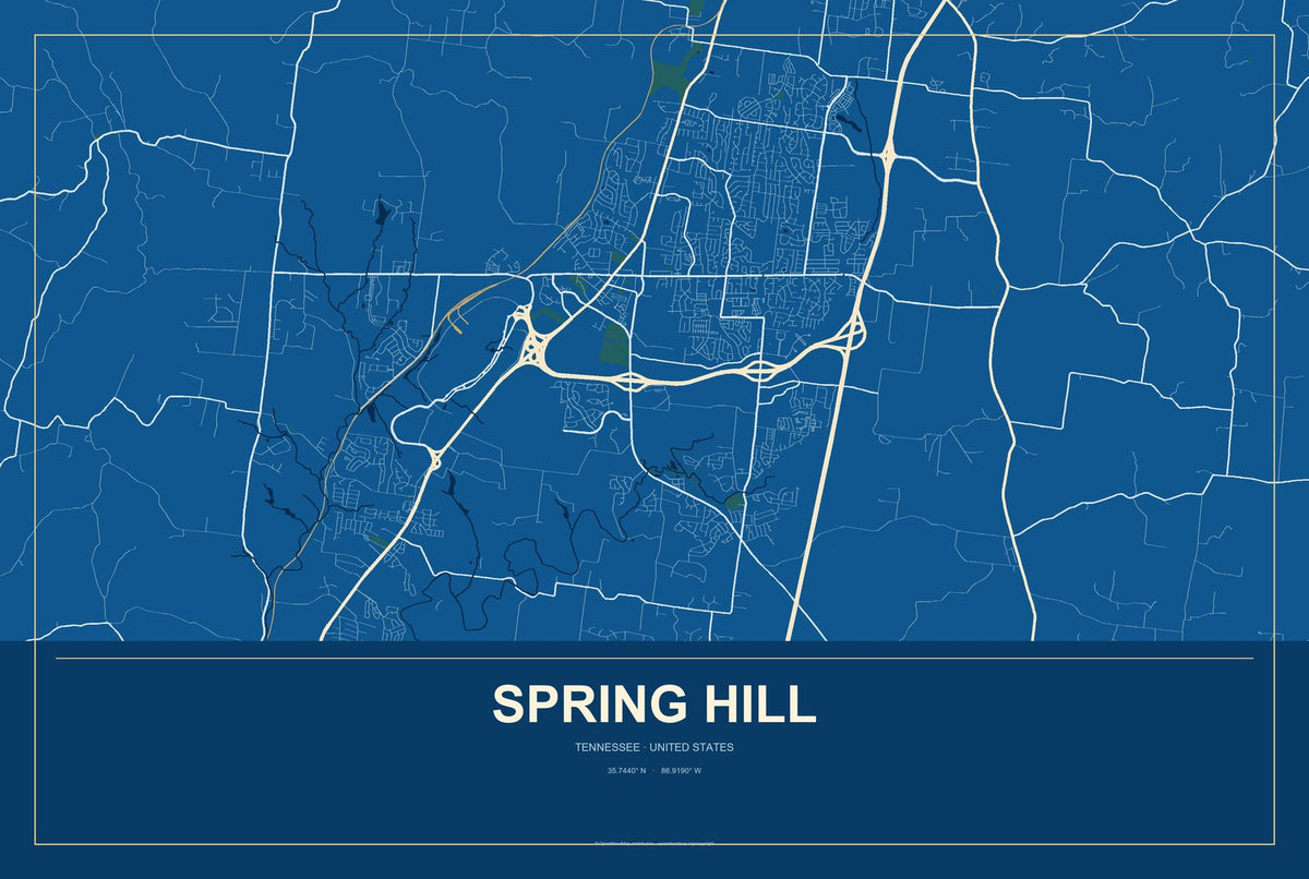 Spring Hill, Tennessee City Map Aluminum Sign in Harbor Cobalt style