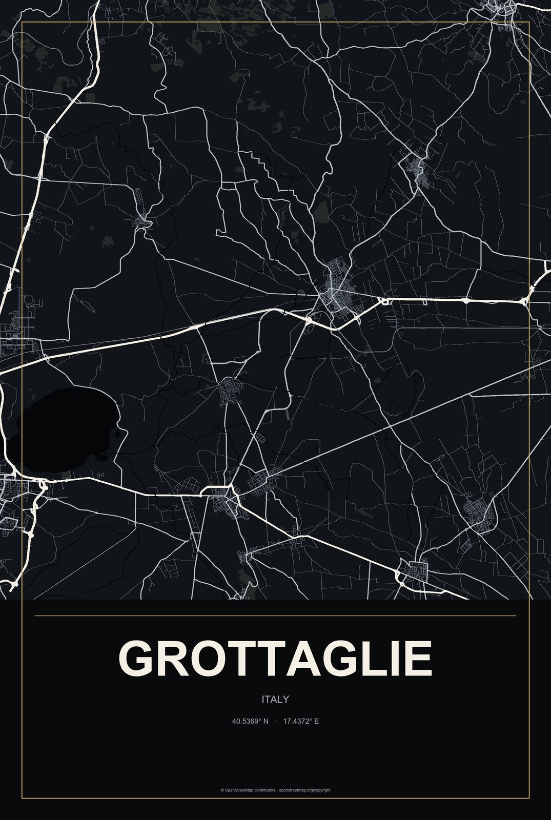 Grottaglie, Italy City Map Aluminum Sign in Metropolitan Noir style