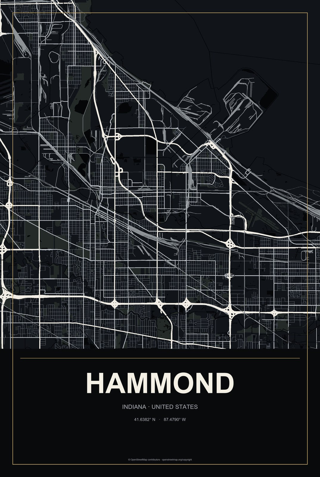 Hammond, Indiana City Map Aluminum Sign in Metropolitan Noir style
