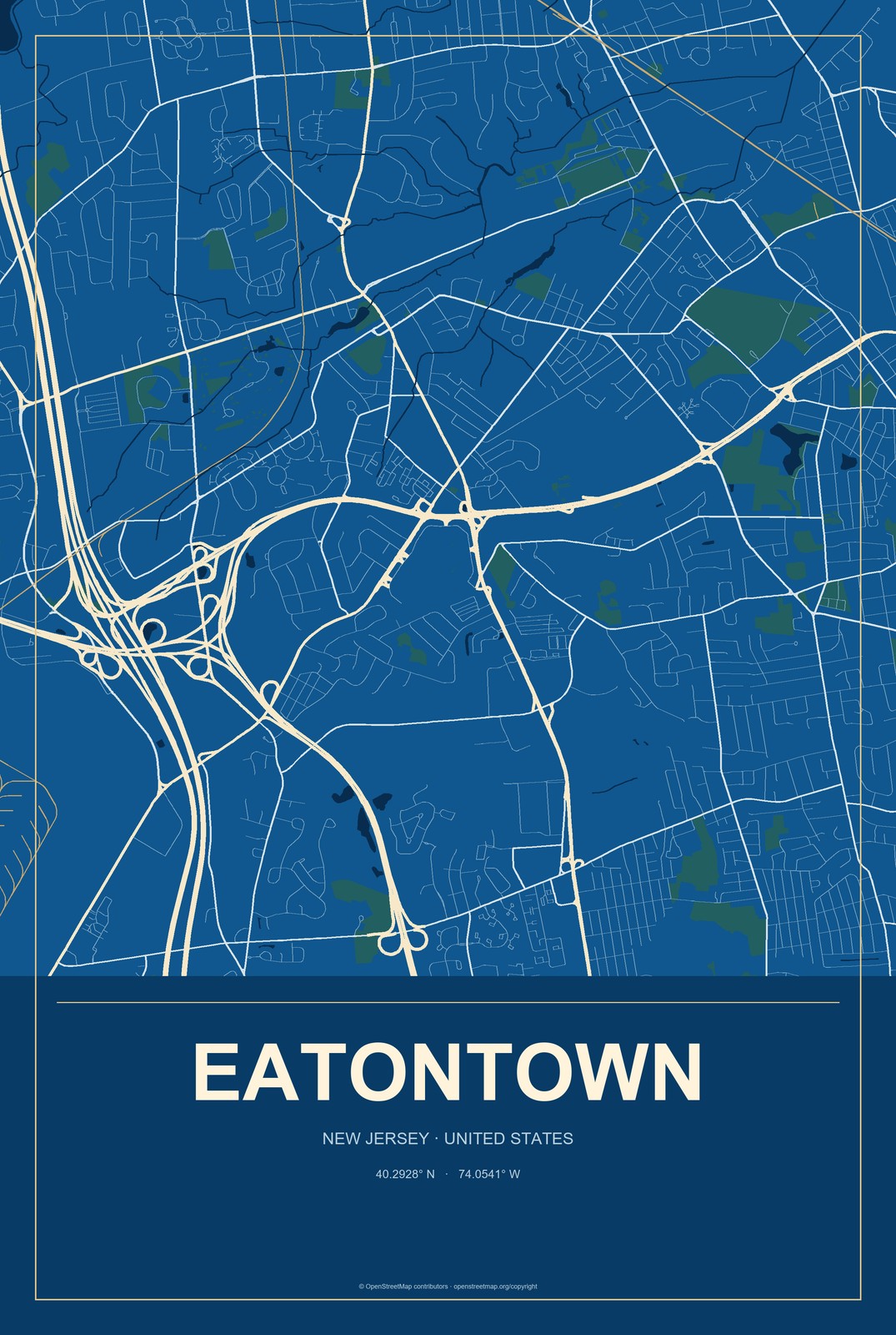 Eatontown, New Jersey City Map Aluminum Sign in Harbor Cobalt style