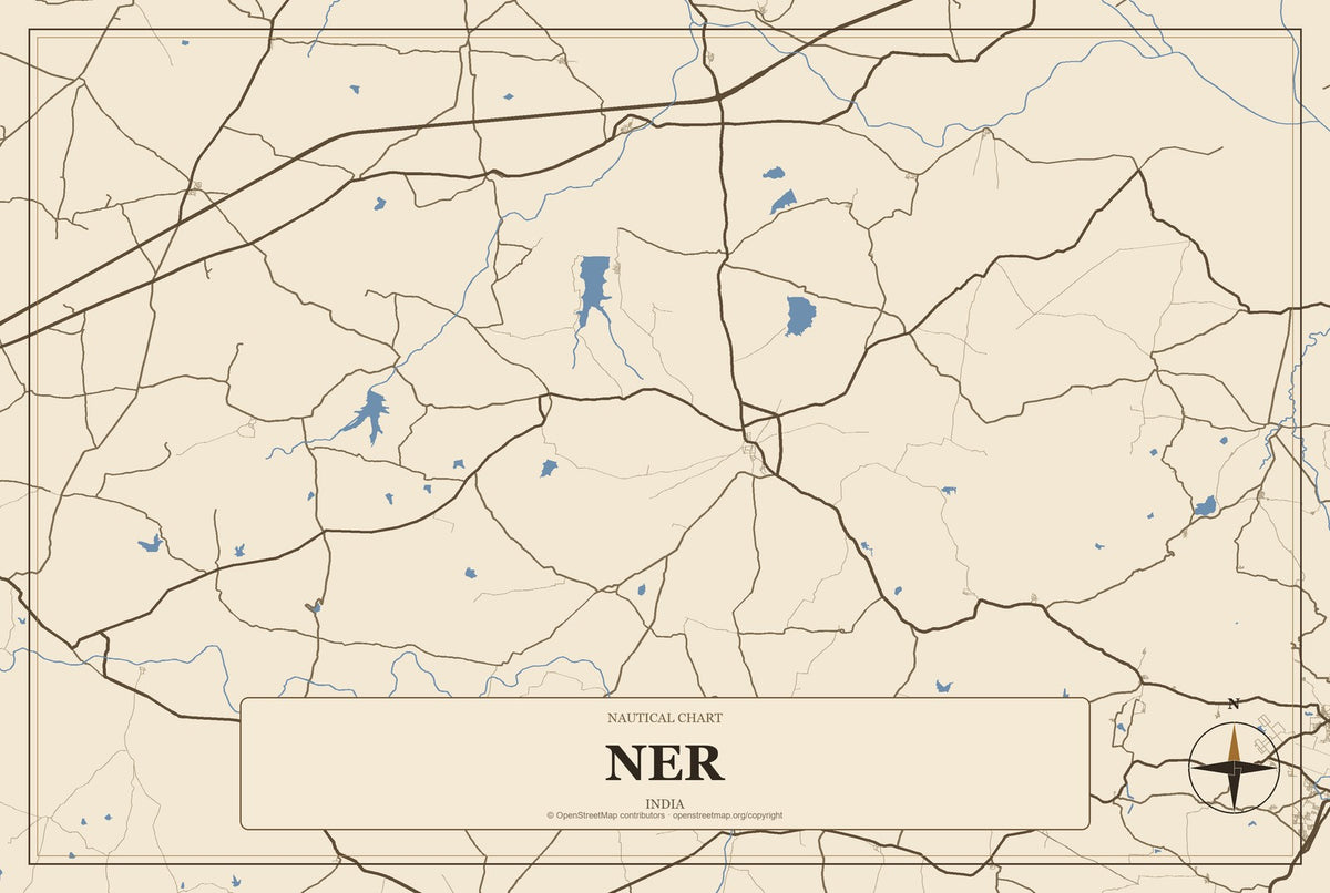 Ner, India City Map Aluminum Sign in Heritage Nautical style