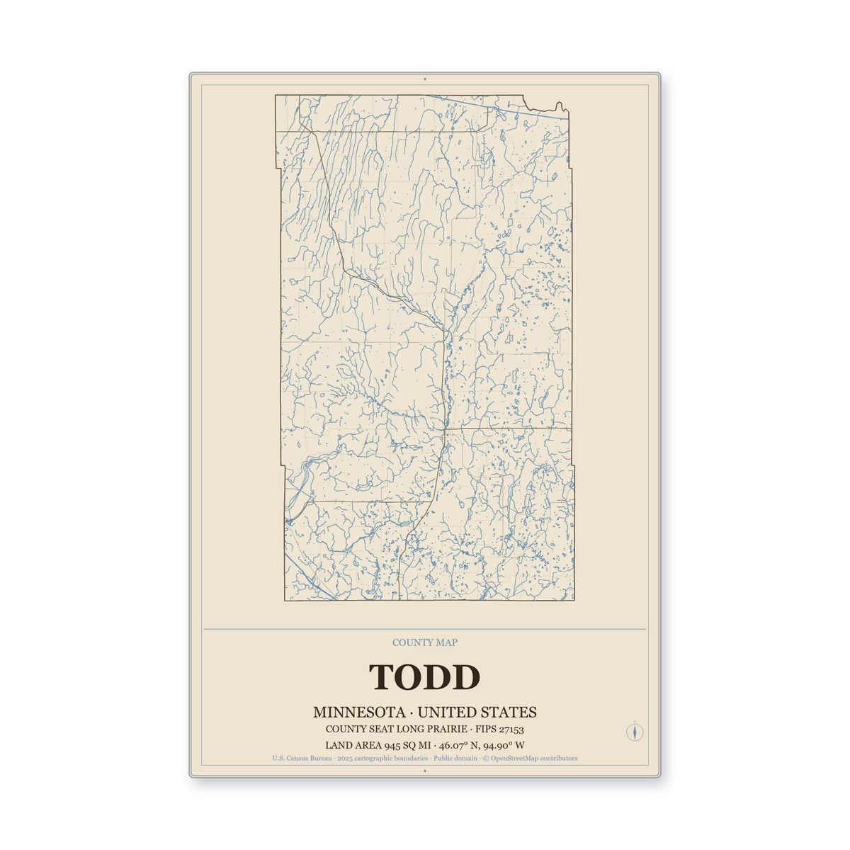 Todd County, Minnesota Map Aluminum Sign in Heritage Nautical style