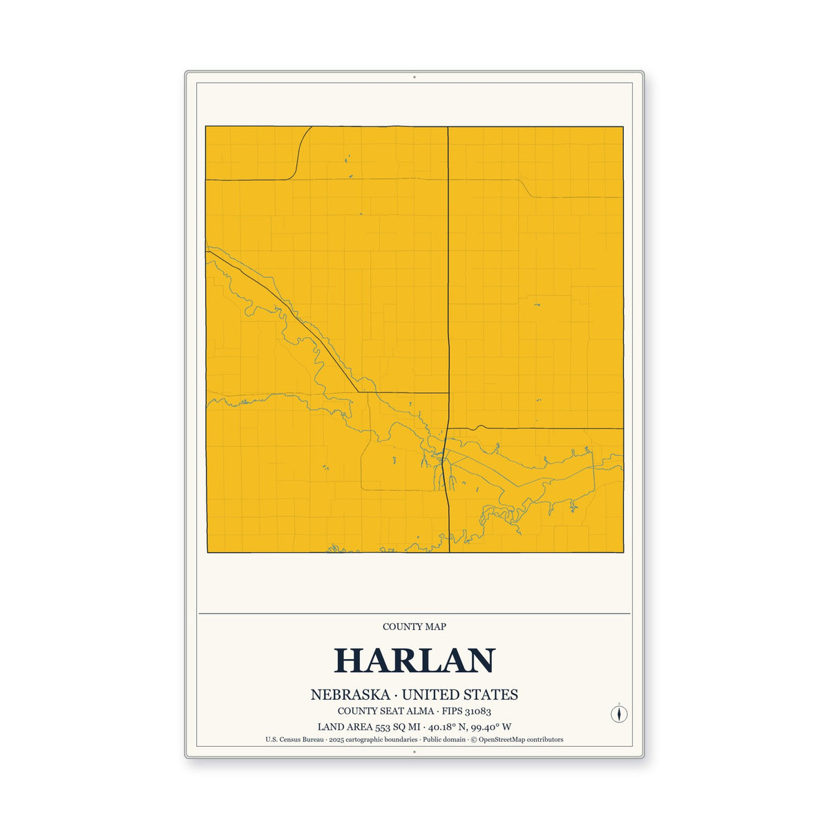 Harlan County, Nebraska Map Aluminum Sign in Citrine Modern style