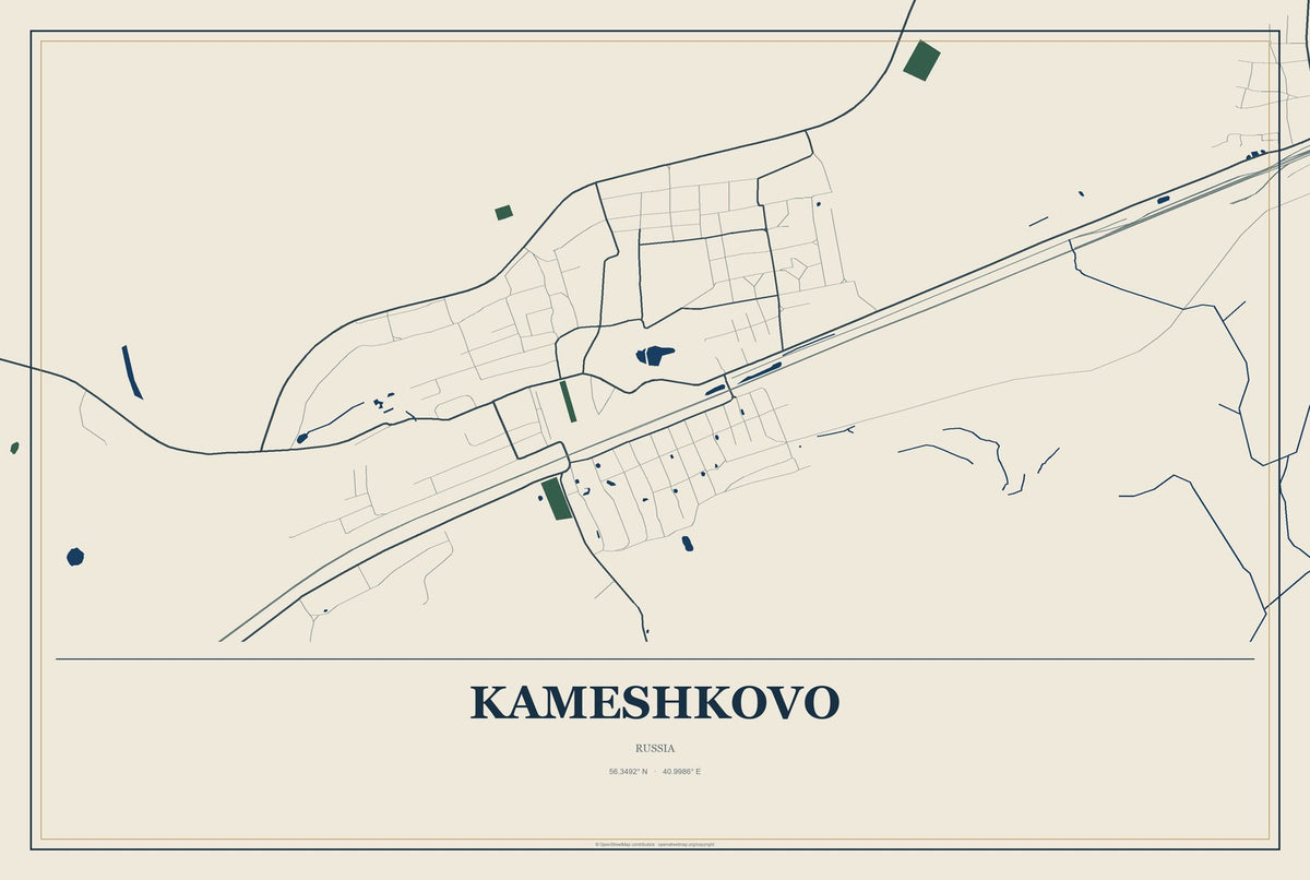 Kameshkovo, Russia City Map Aluminum Sign in Coastal Cutout style