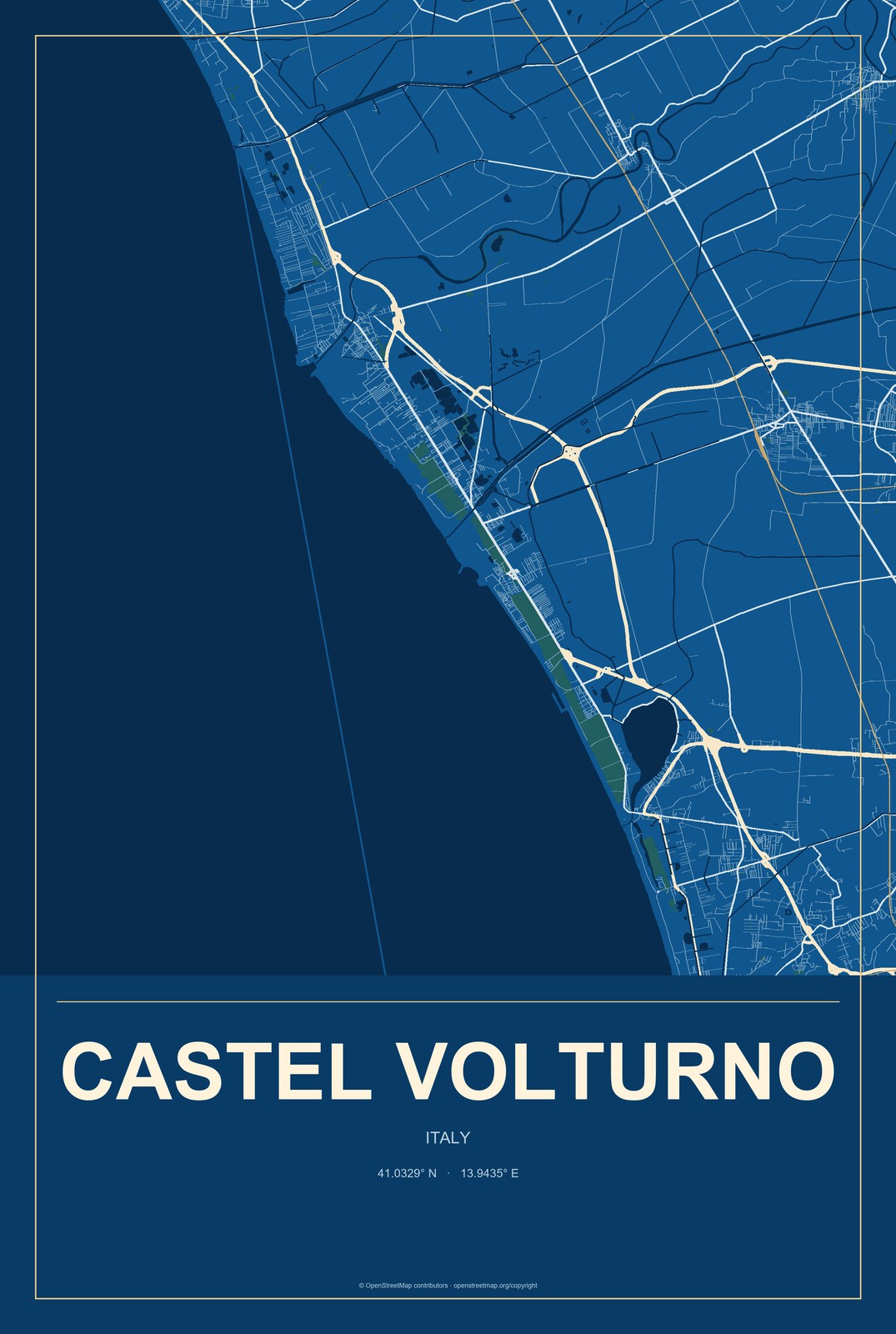Castel Volturno, Italy City Map Aluminum Sign in Harbor Cobalt style