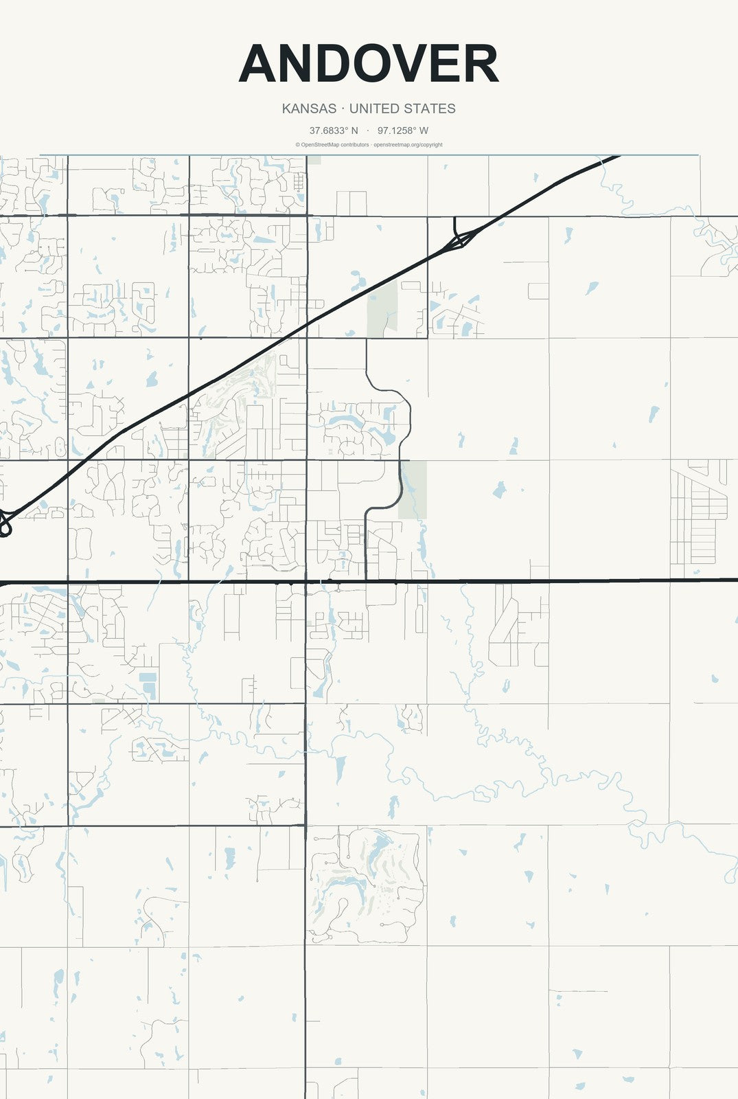 Andover, Kansas City Map Aluminum Sign in Headline Atlas style