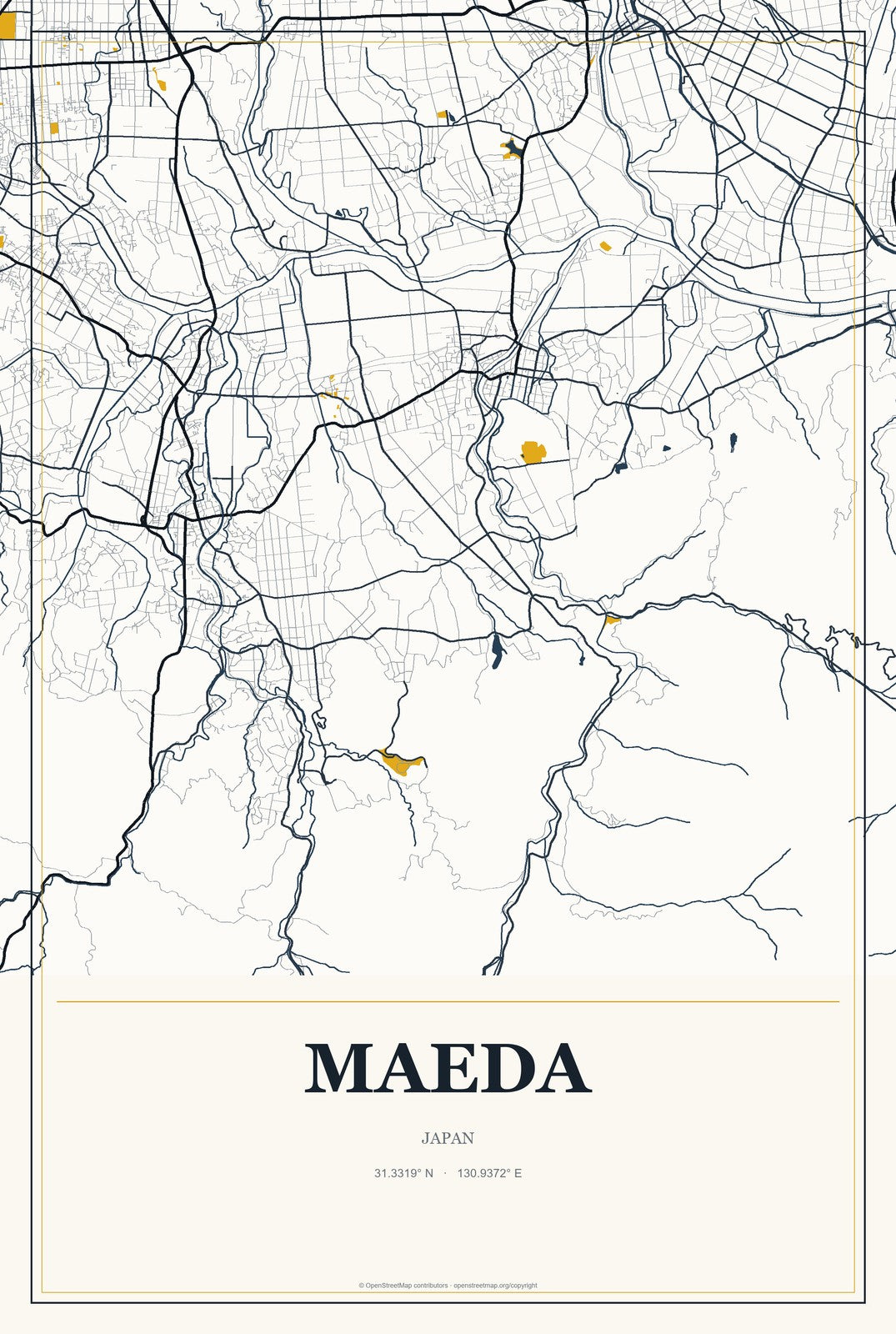 Maeda, Japan City Map Aluminum Sign in Citrine Modern style