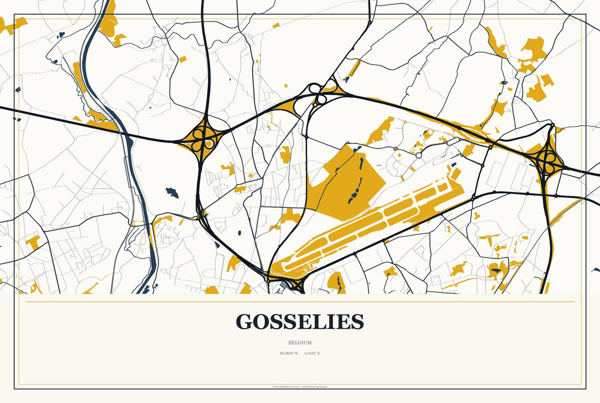 Gosselies, Belgium City Map Aluminum Sign in Citrine Modern style