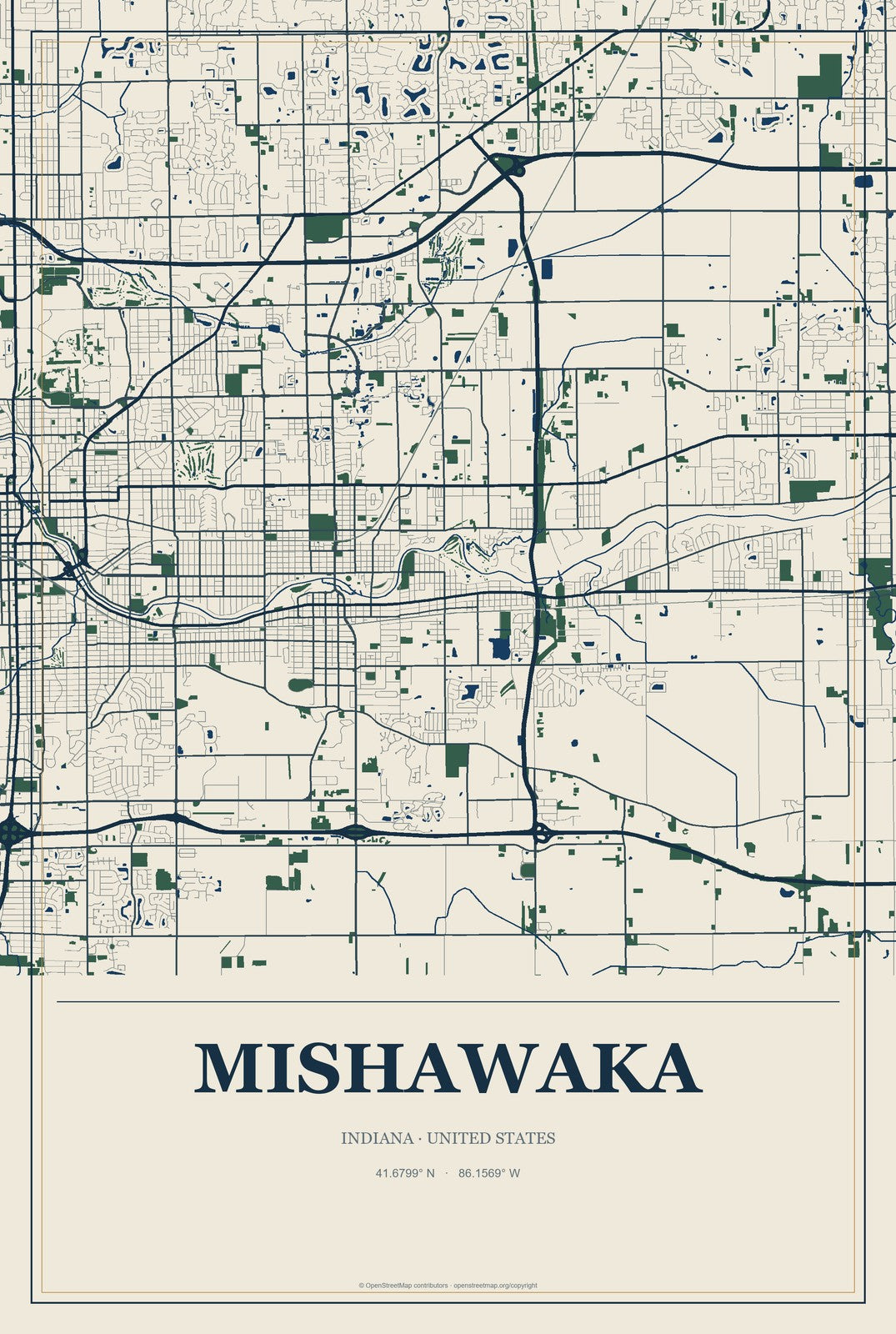 Mishawaka, Indiana City Map Aluminum Sign in Coastal Cutout style