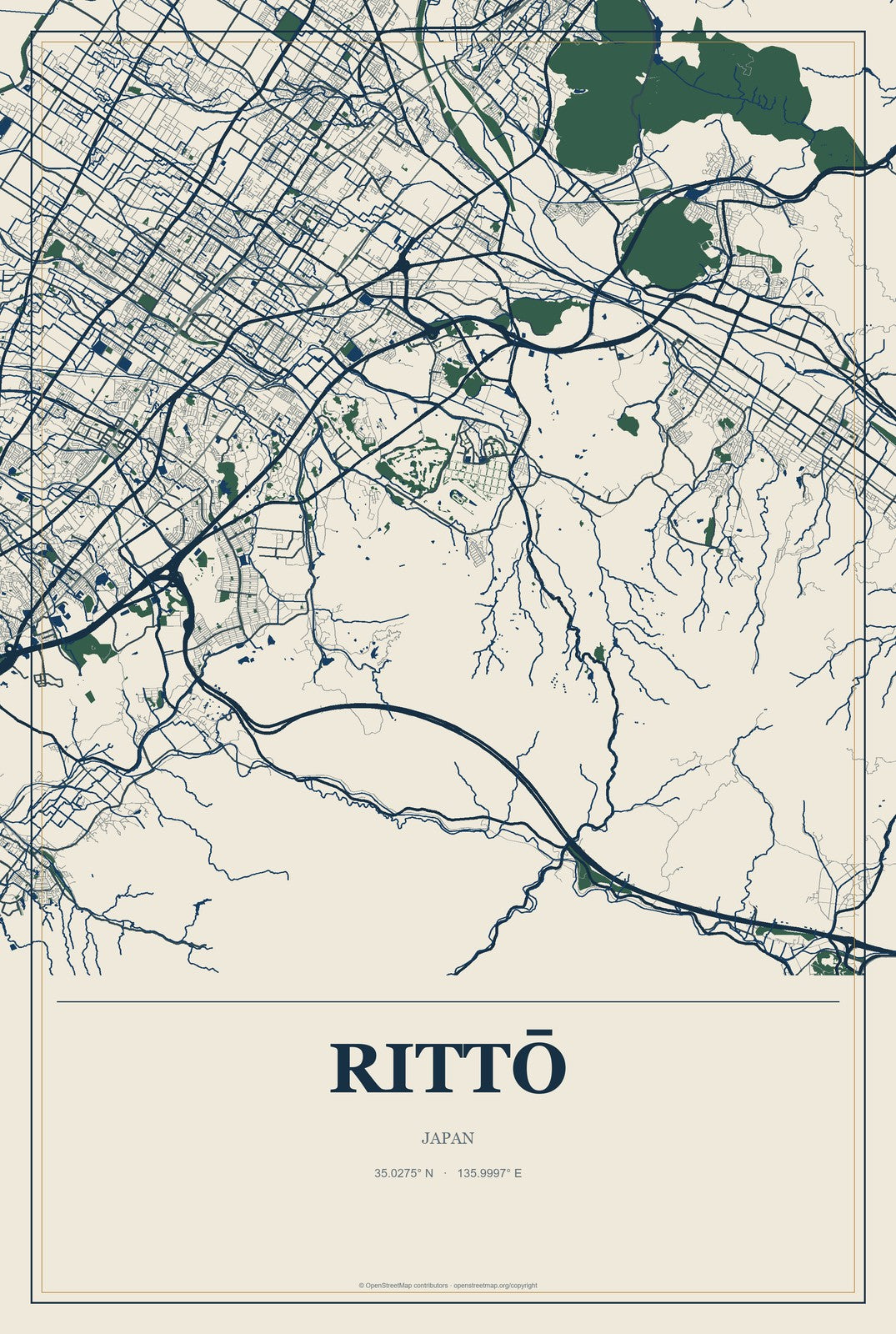 Rittō, Japan City Map Aluminum Sign in Coastal Cutout style