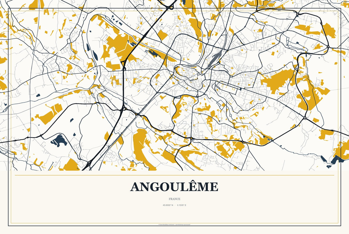 Angoulême, France City Map Aluminum Sign in Citrine Modern style