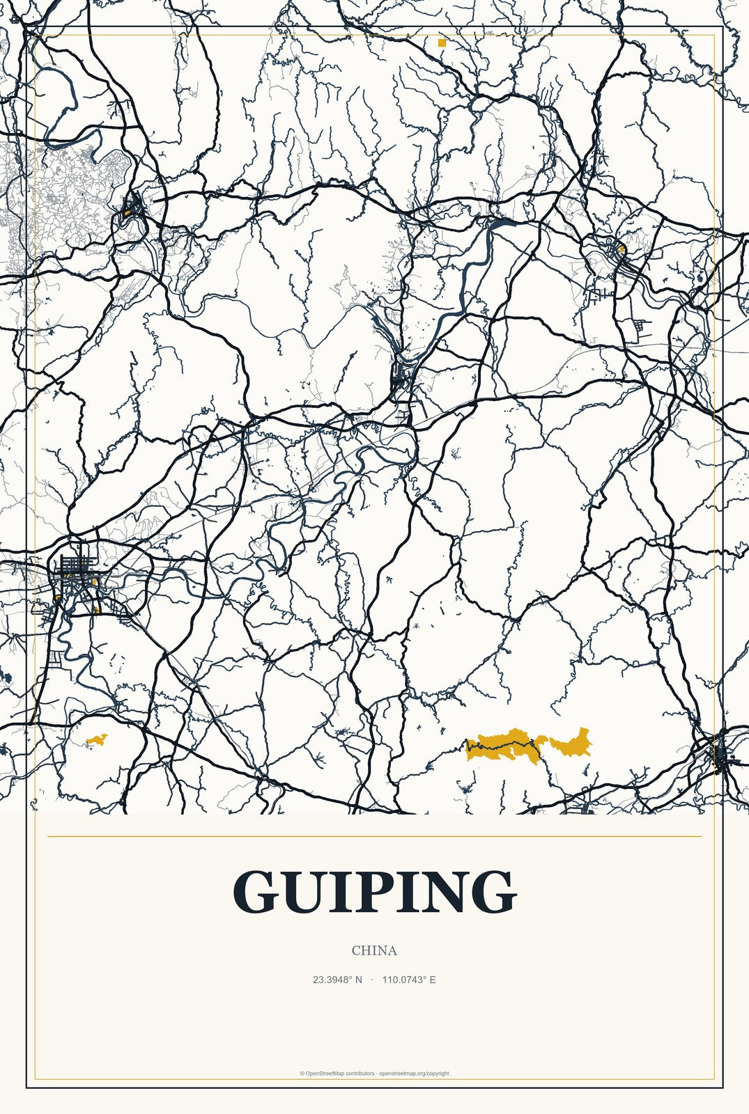 Guiping, China City Map Aluminum Sign in Citrine Modern style