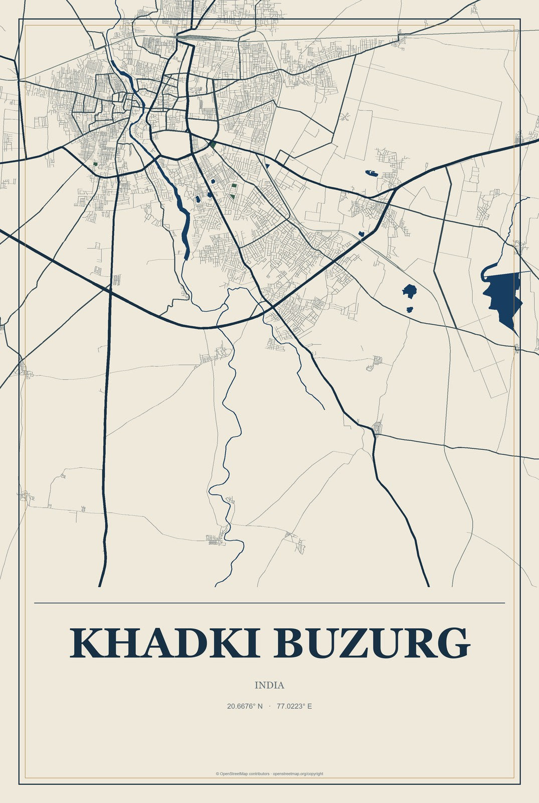 Khadki Buzurg, India City Map Aluminum Sign in Coastal Cutout style