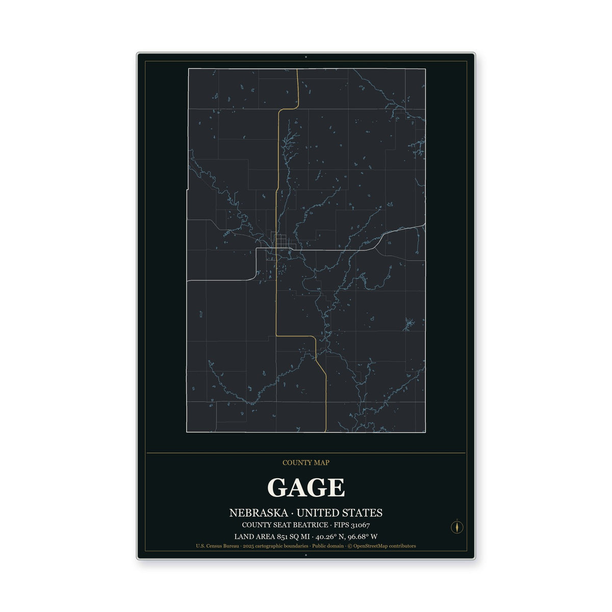 Gage County, Nebraska Map Aluminum Sign in Metropolitan Noir style