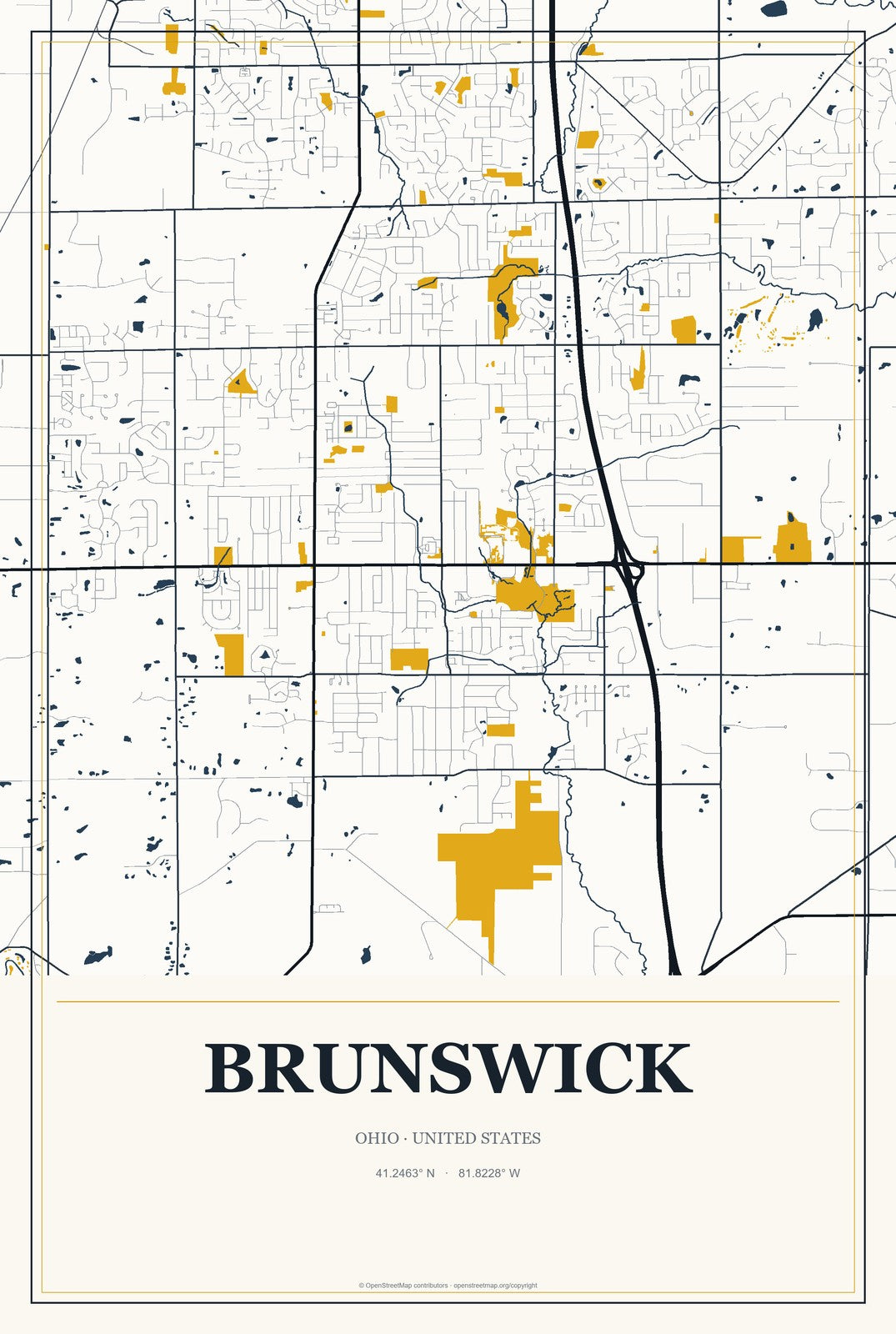 Brunswick, Ohio City Map Aluminum Sign in Citrine Modern style