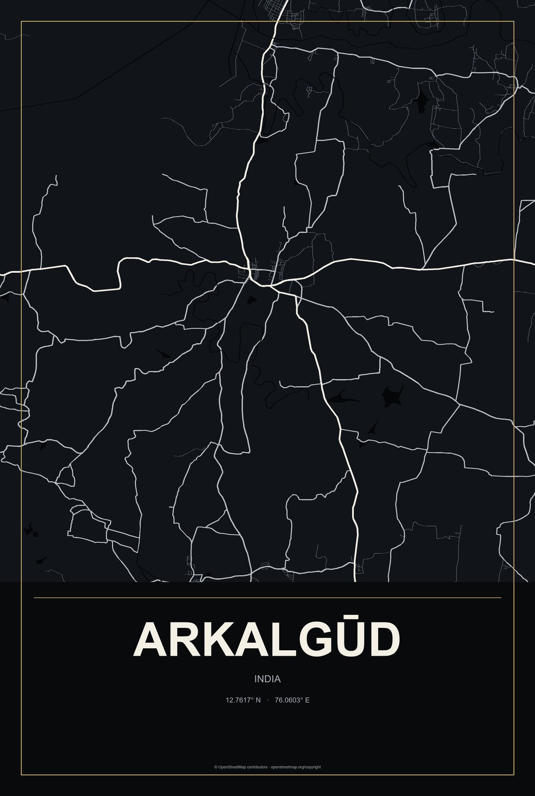 Arkalgūd, India City Map Aluminum Sign in Metropolitan Noir style