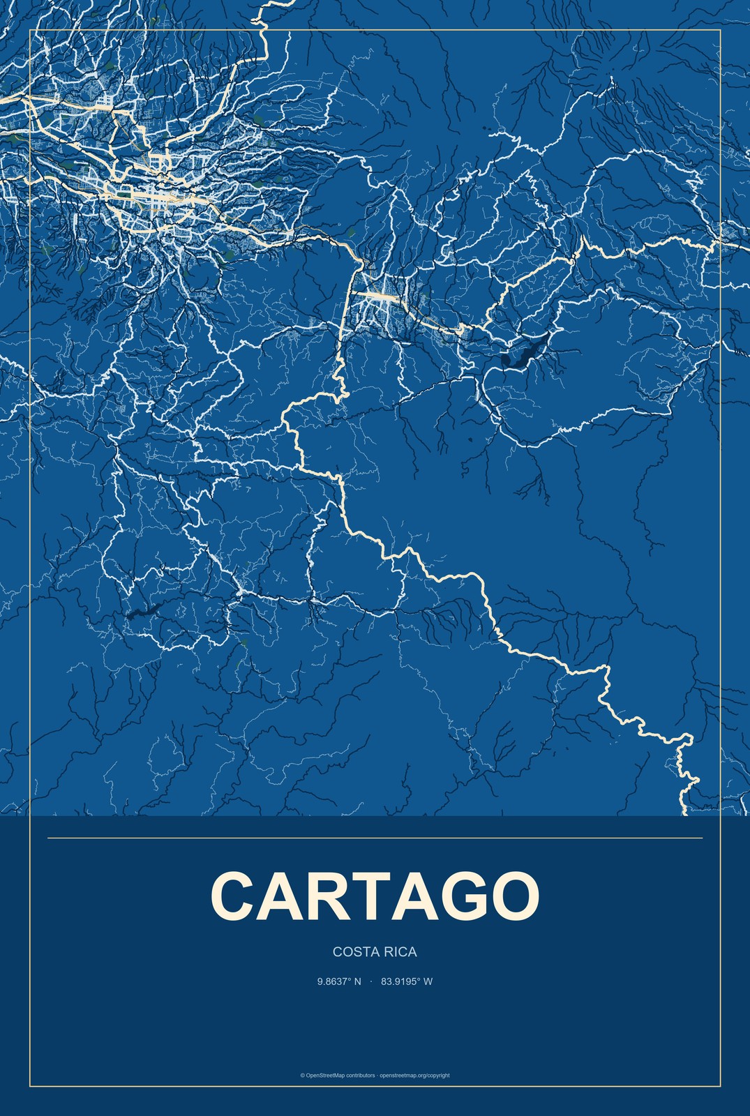 Cartago, Costa Rica City Map Aluminum Sign in Harbor Cobalt style