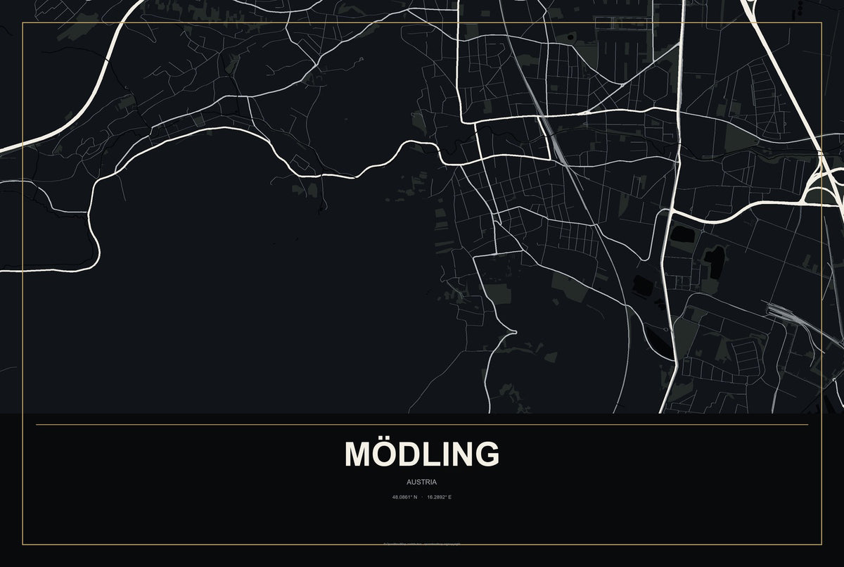 Mödling, Austria City Map Aluminum Sign in Metropolitan Noir style