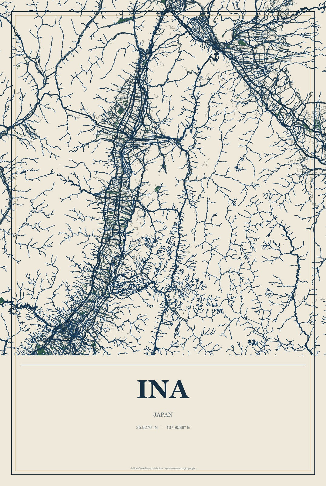 Ina, Japan City Map Aluminum Sign in Coastal Cutout style