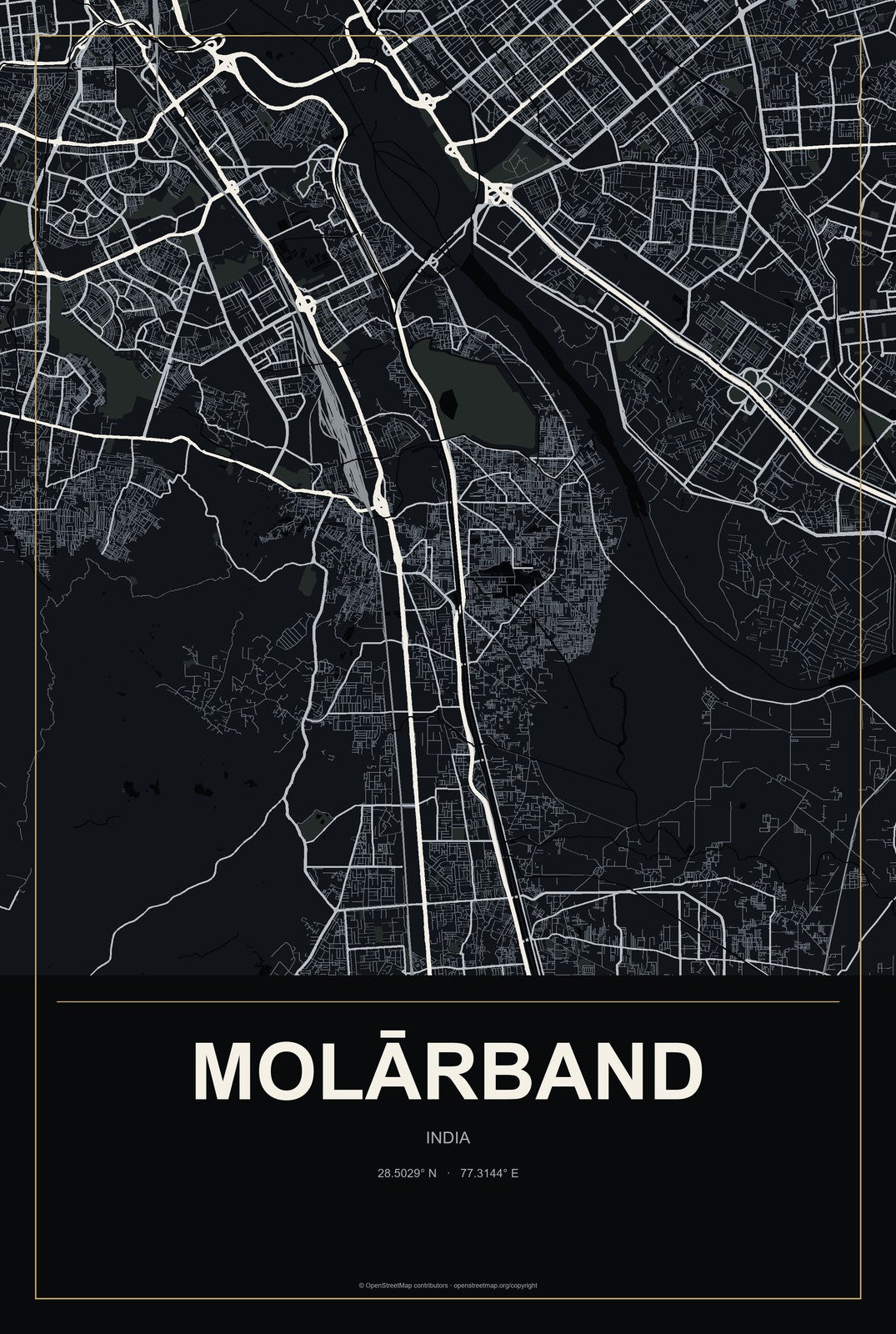 Molārband, India City Map Aluminum Sign in Metropolitan Noir style