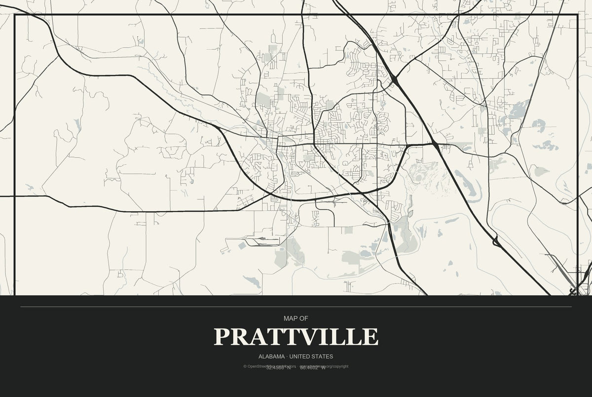 Prattville, Alabama City Map Aluminum Sign in Museum Plaque style