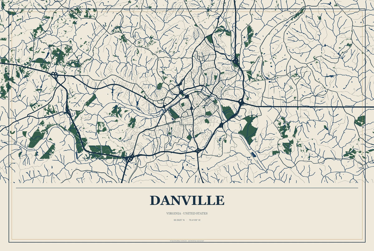 Danville, Virginia City Map Aluminum Sign in Coastal Cutout style