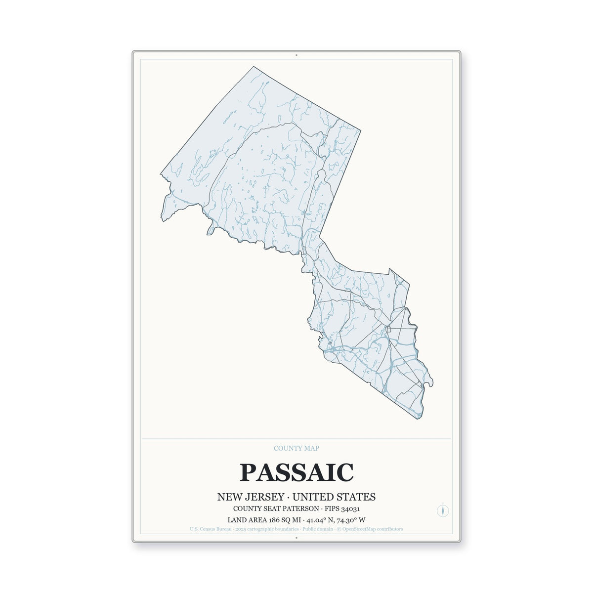 Passaic County, New Jersey Map Aluminum Sign in Gallery Air style