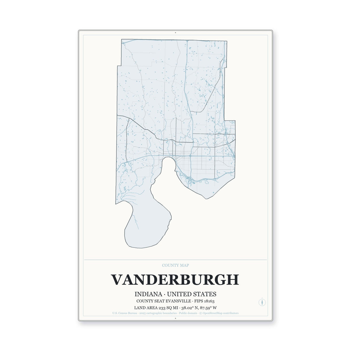 Vanderburgh County, Indiana Map Aluminum Sign in Gallery Air style