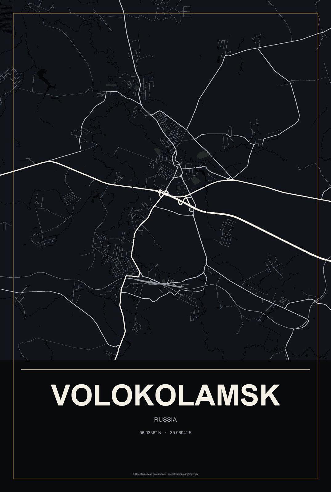 Volokolamsk, Russia City Map Aluminum Sign in Metropolitan Noir style