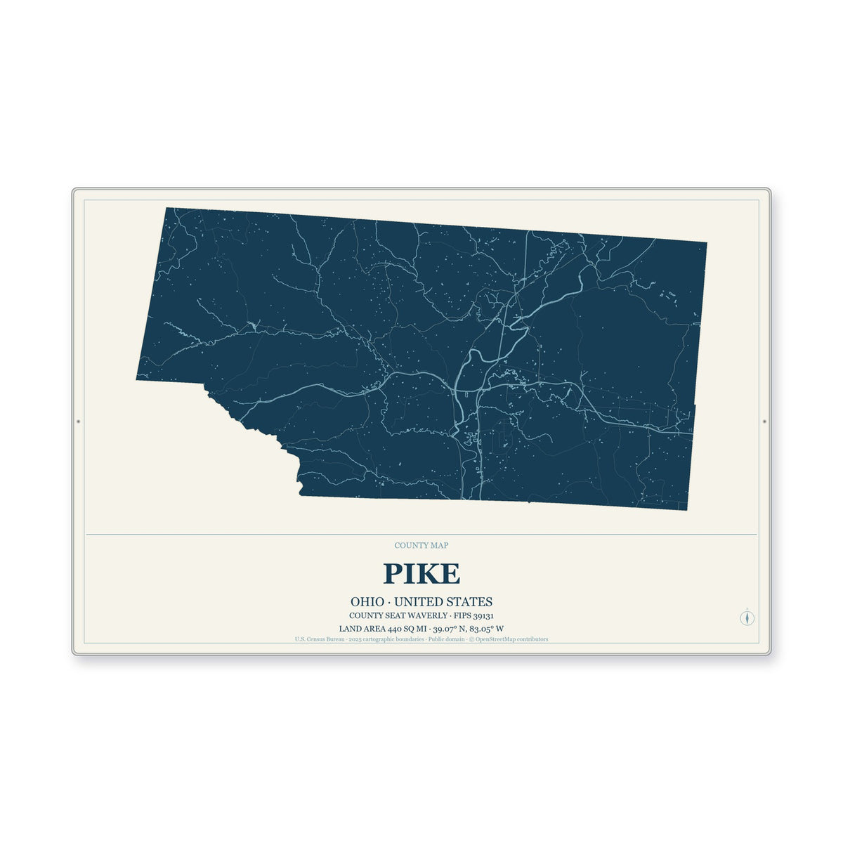 Pike County, Ohio Map Aluminum Sign in Coastal Cutout style