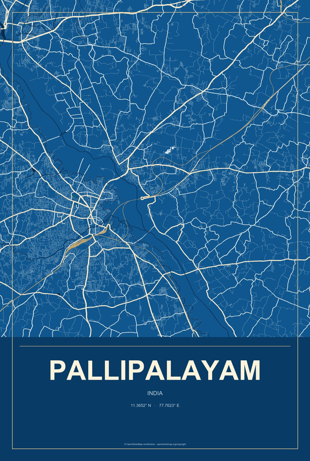 Pallipalayam, India City Map Aluminum Sign in Harbor Cobalt style