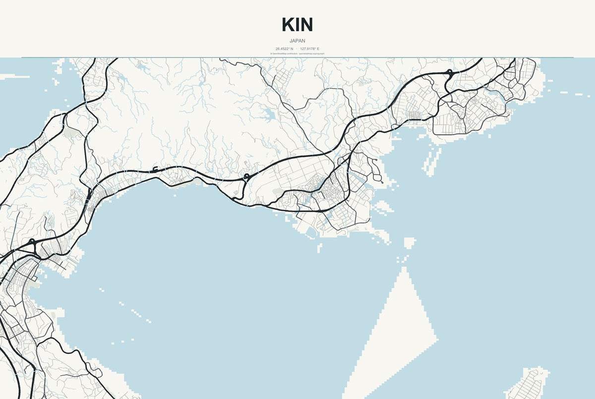 Kin, Japan City Map Aluminum Sign in Headline Atlas style