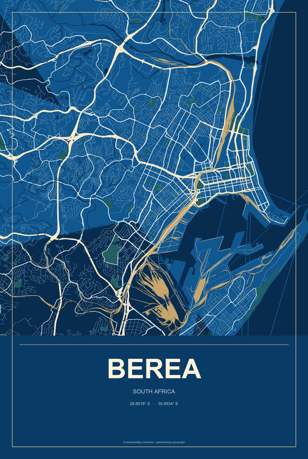 Berea, South Africa City Map Aluminum Sign in Harbor Cobalt style