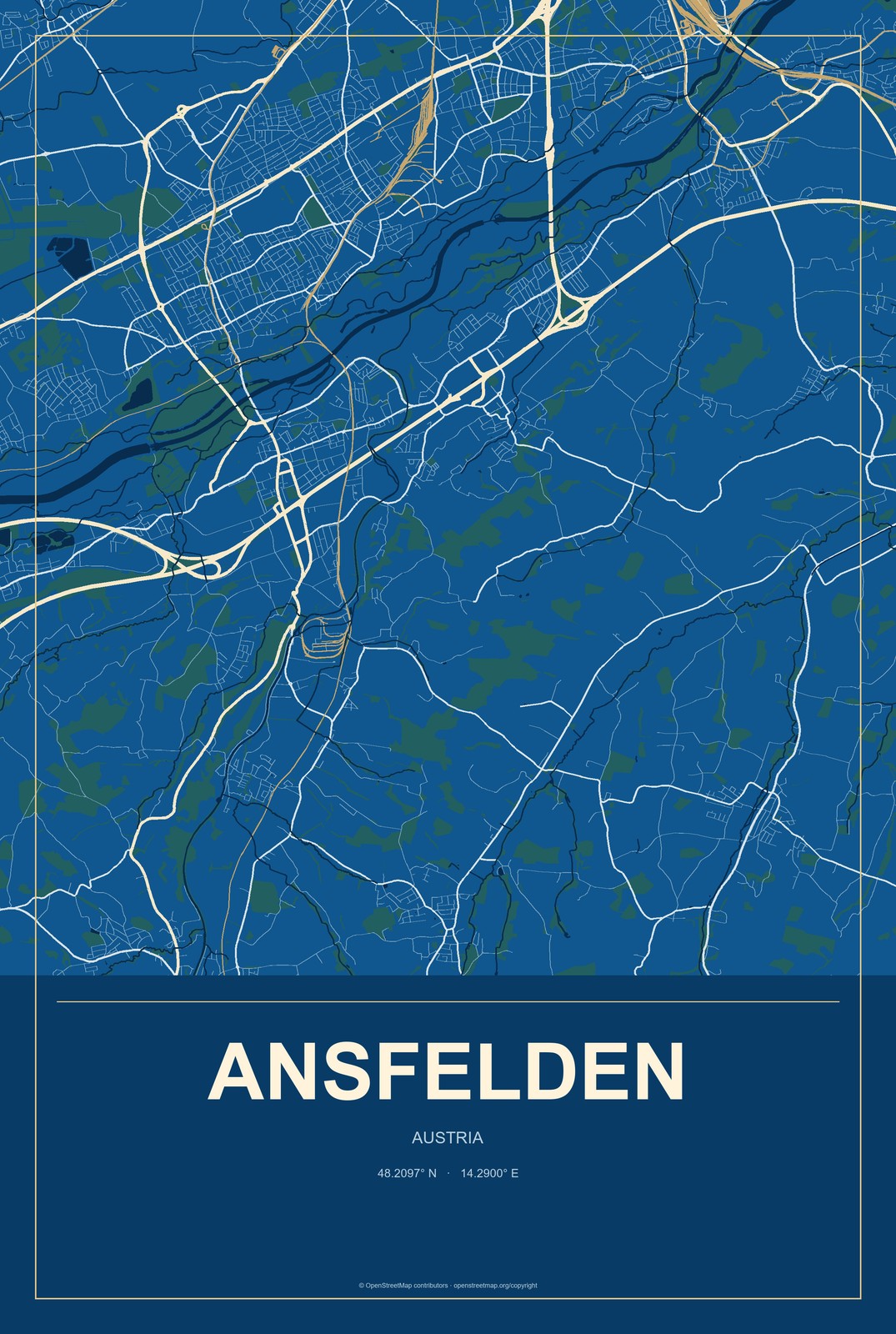 Ansfelden, Austria City Map Aluminum Sign in Harbor Cobalt style