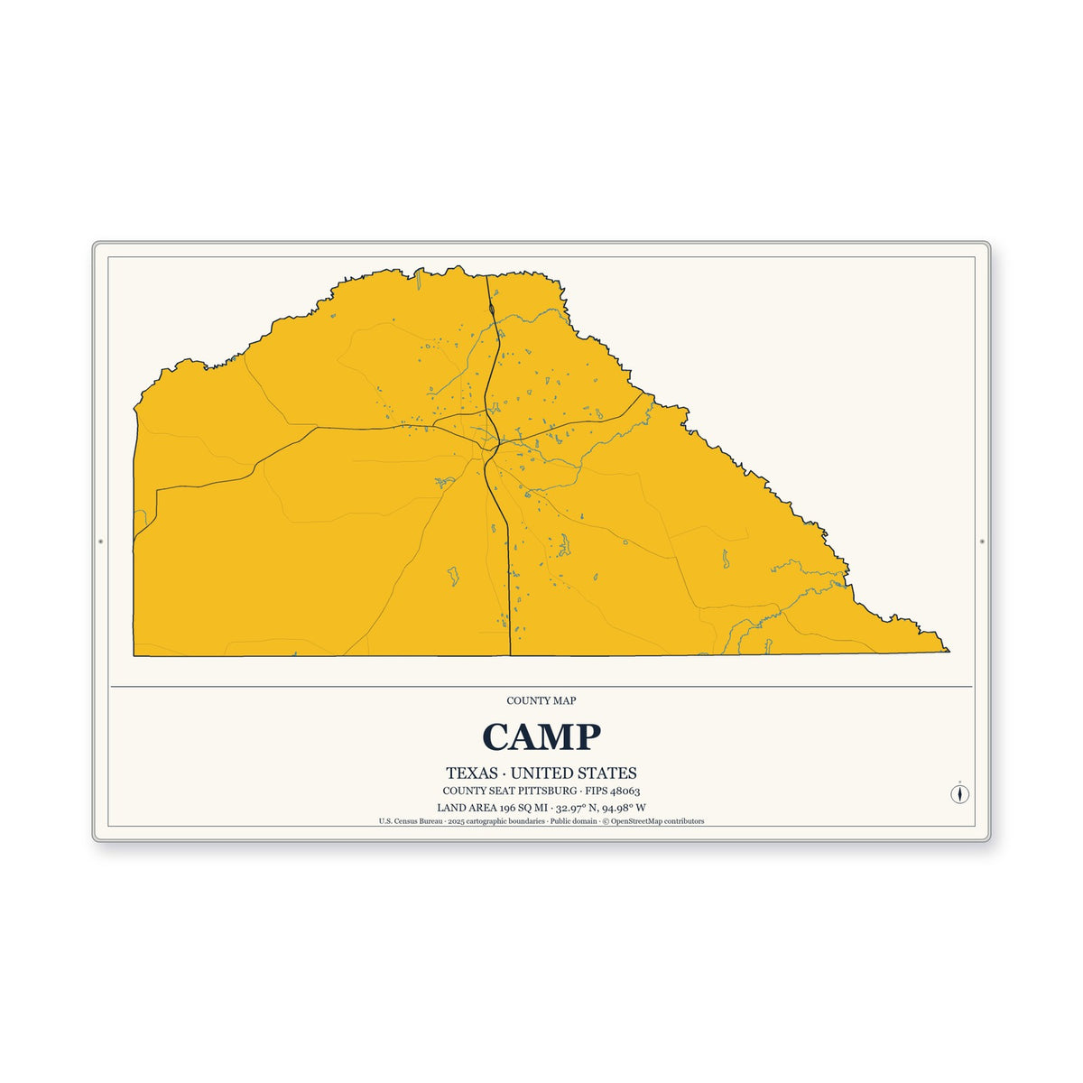 Camp County, Texas Map Aluminum Sign in Citrine Modern style