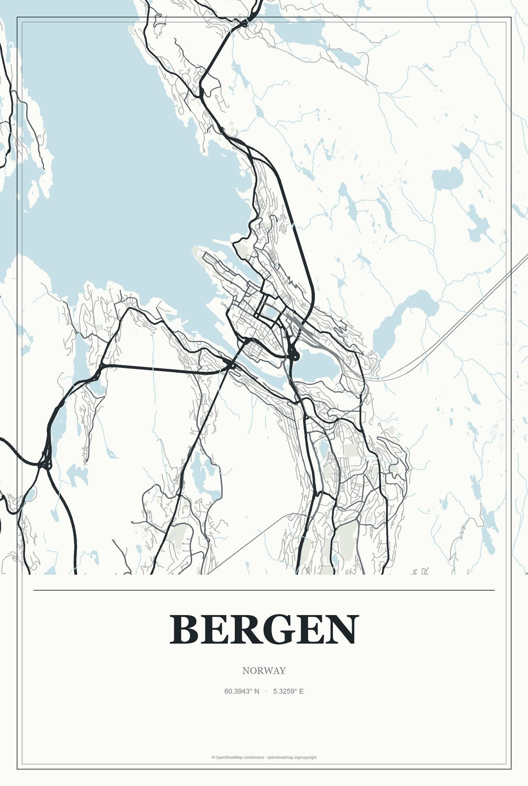 Bergen, Norway City Map Aluminum Sign in Gallery Air style