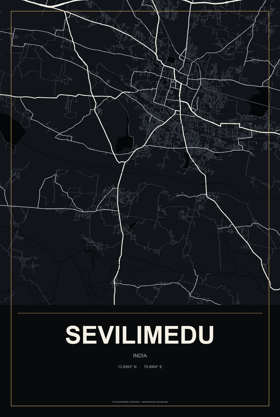 Sevilimedu, India City Map Aluminum Sign in Metropolitan Noir style