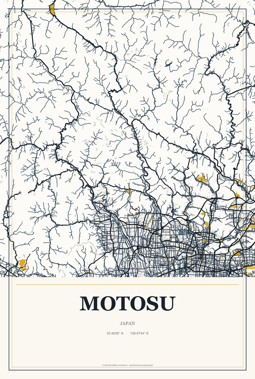 Motosu, Japan City Map Aluminum Sign in Citrine Modern style