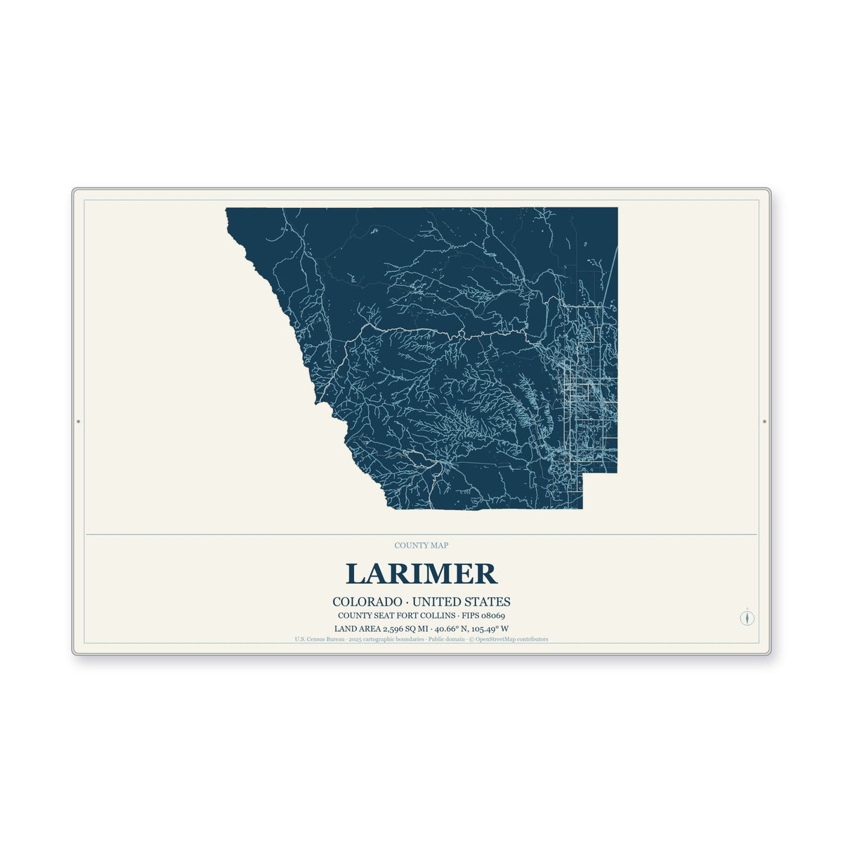 Larimer County, Colorado Map Aluminum Sign in Coastal Cutout style