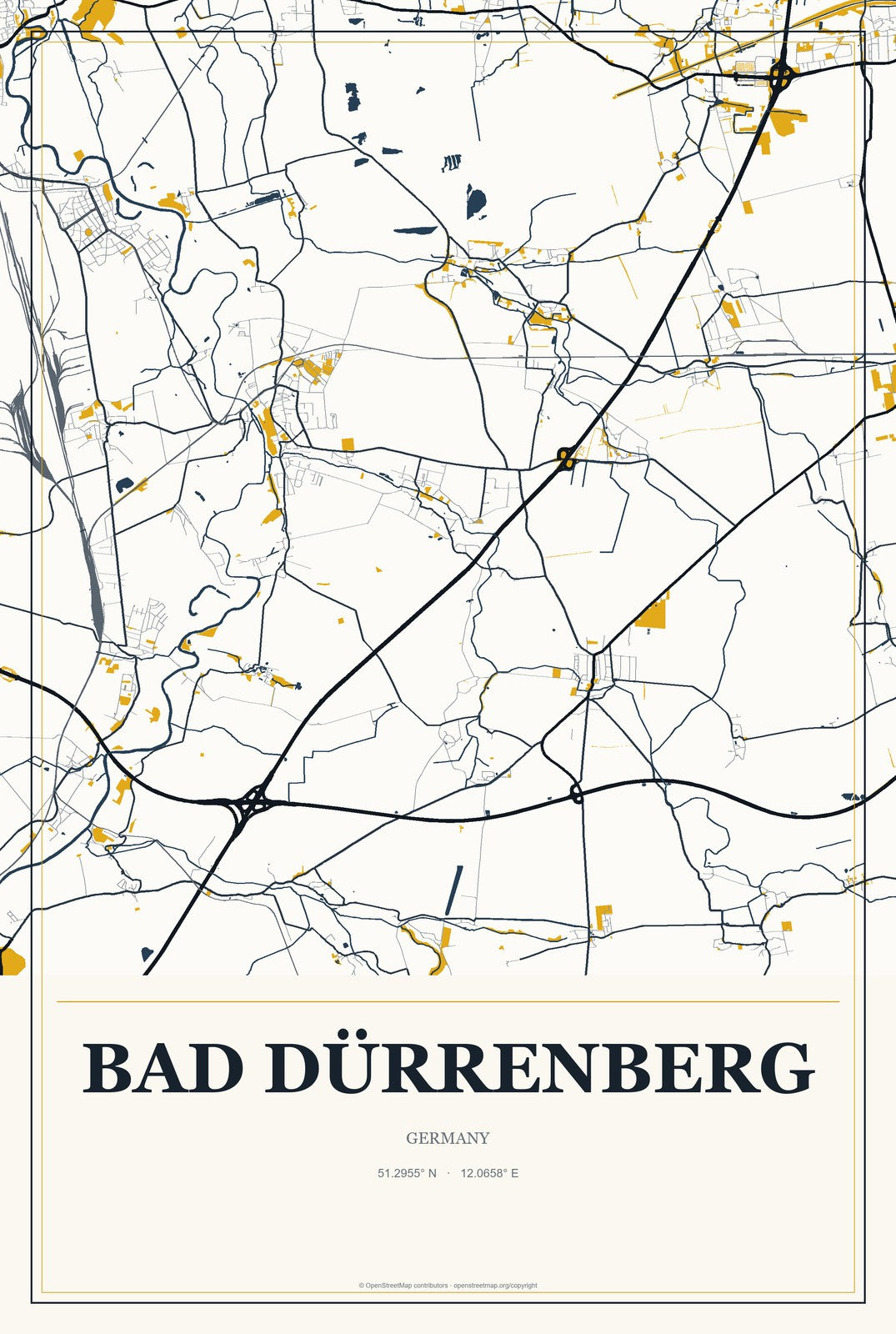Bad Dürrenberg, Germany City Map Aluminum Sign in Citrine Modern style