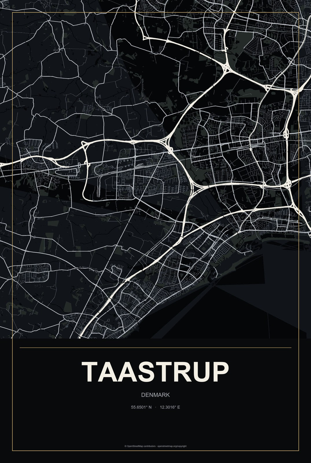 Taastrup, Denmark City Map Aluminum Sign in Metropolitan Noir style