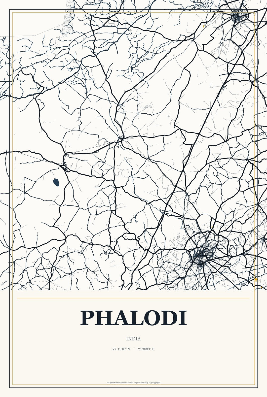 Phalodi, India City Map Aluminum Sign in Citrine Modern style